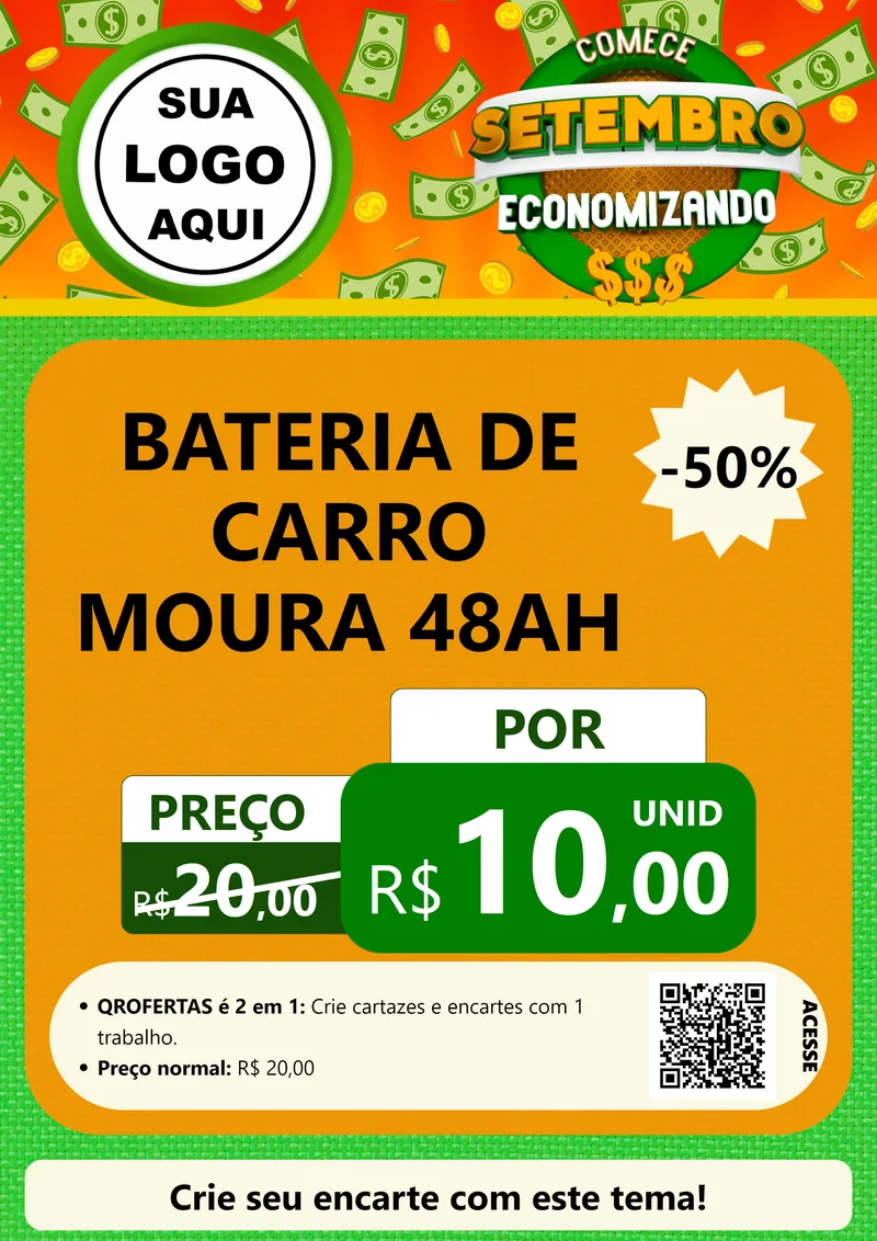Modelo de Cartaz para Cartaz A4 Vertical com o tema Comece Setembro Economizando para Baterias Elétricas