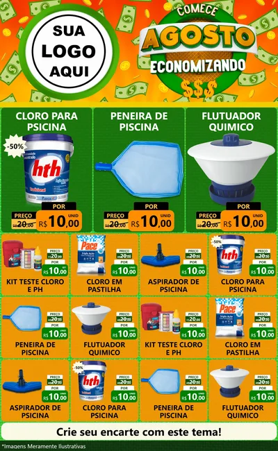 Modelo de Encarte para Encarte Grande com o tema Comece Agosto Economizando para Produtos para Piscina