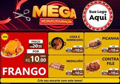 Modelo de Encarte para Encarte A4 Horizontal com o tema Mega Reinauguração para Assados