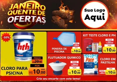 Modelo de Encarte para Encarte A4 Horizontal com o tema Janeiro Quente de Ofertas para Produtos para Piscina