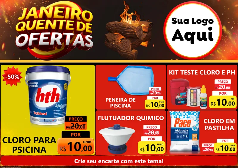 Modelo de Encarte para Encarte A4 Horizontal com o tema Janeiro Quente de Ofertas para Produtos para Piscina
