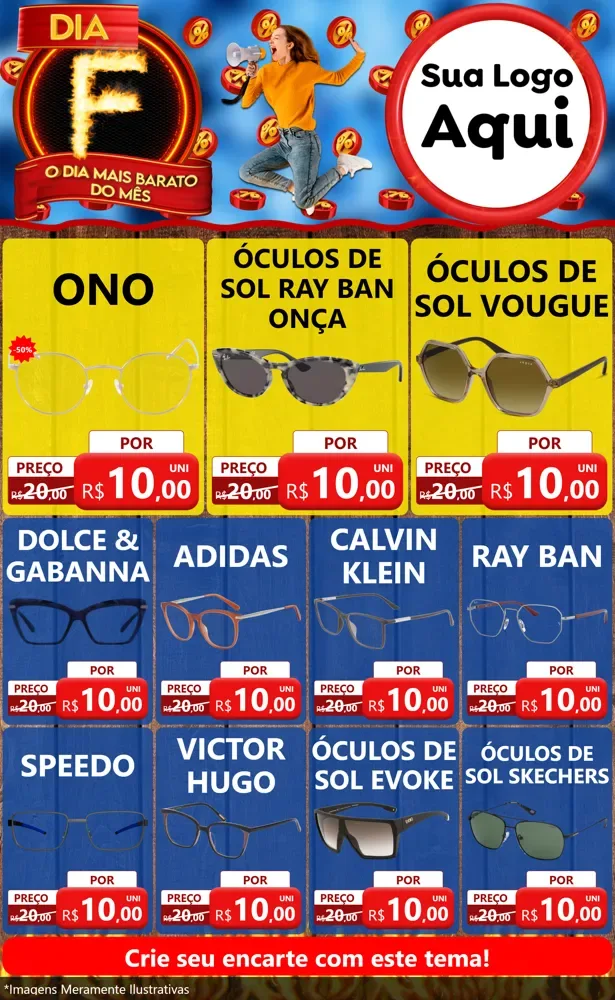 Modelo de Encarte para Encarte Grande com o tema Dia F - O Dia Mais Barato Do Mês para Óticas