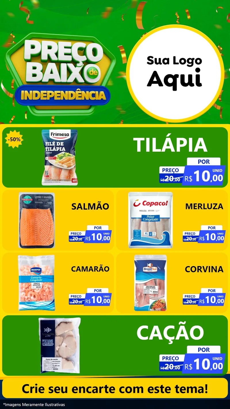 Modelo de TV para TV Vertical com o tema Preço Baixo de Independência para Peixaria