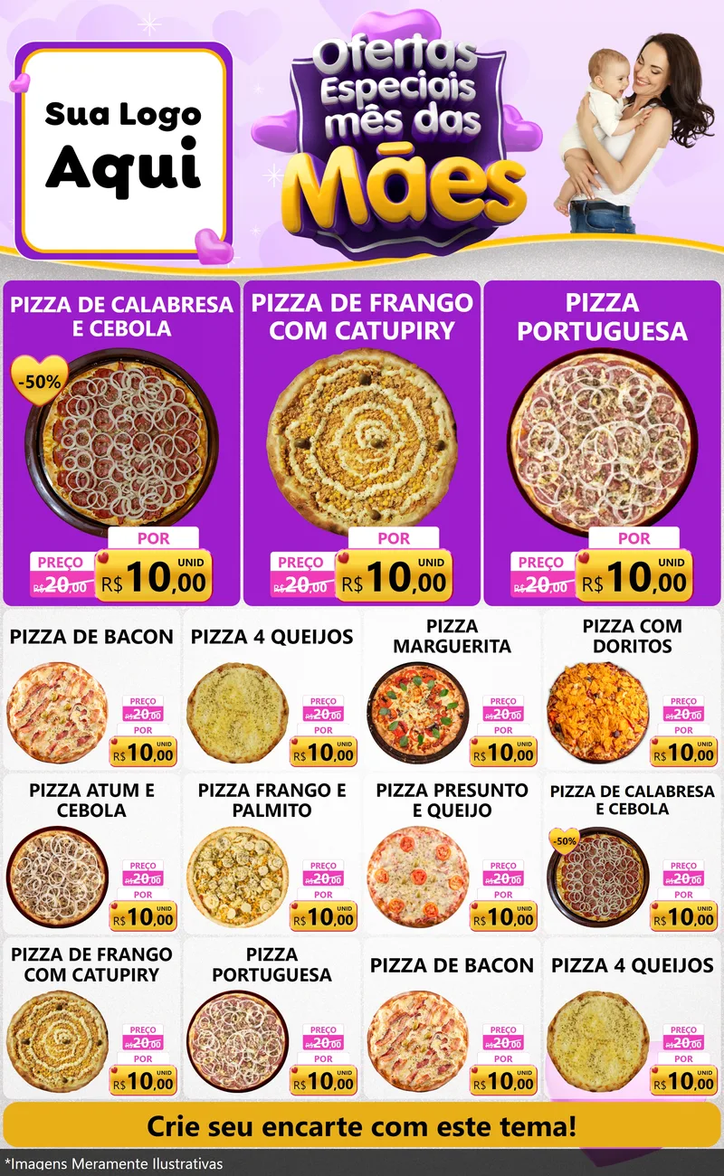 Modelo de Encarte para Encarte Grande com o tema Ofertas Especiais - Mês das Mães para Pizzaria