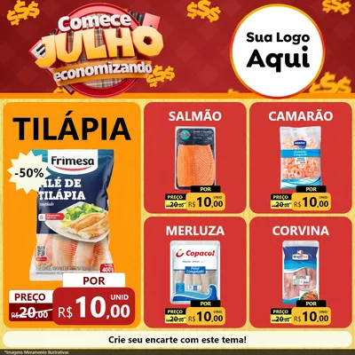 Modelo de Rede Social para Feed Facebook com o tema Comece Julho Economizando para Peixaria
