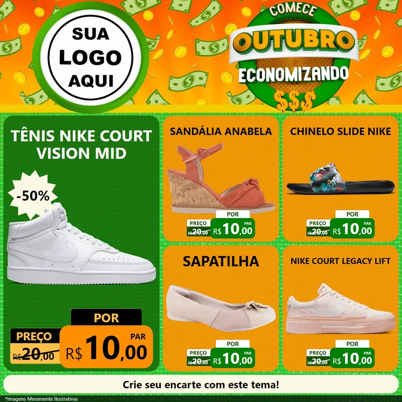Modelo de Rede Social para Feed Facebook com o tema Comece Outubro Economizando para Calçados