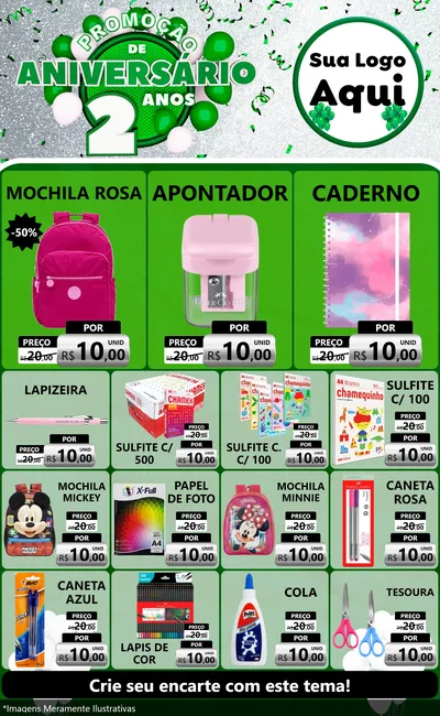 Modelo de Encarte para Encarte Grande com o tema Promoção de Aniversário - 2 Anos para Papelaria