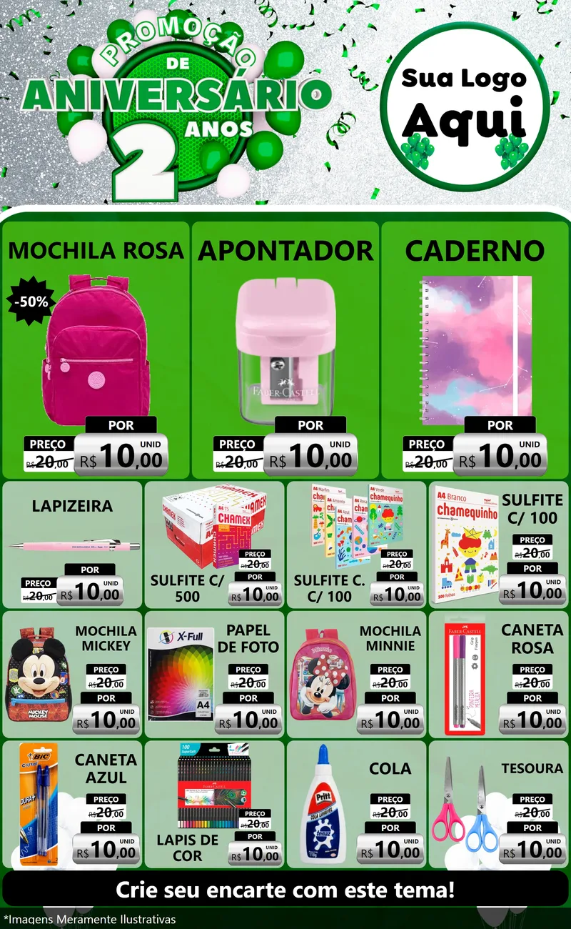 Modelo de Encarte para Encarte Grande com o tema Promoção de Aniversário - 2 Anos para Papelaria