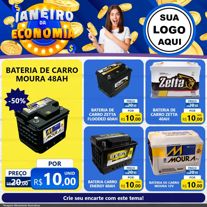Modelo de Rede Social para Feed Facebook com o tema Janeiro da Economia para Baterias Elétricas