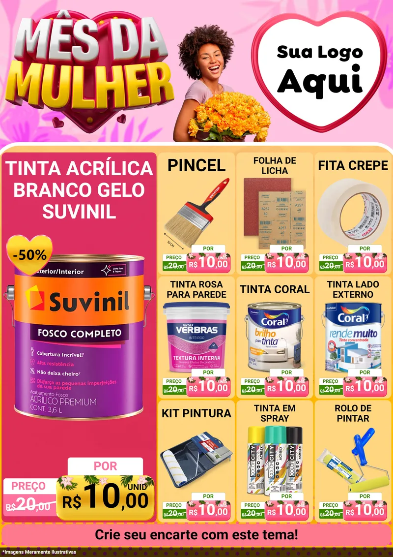 Modelo de Encarte para Encarte A4 Vertical com o tema Mês da Mulher para Tintas e Ferramentas