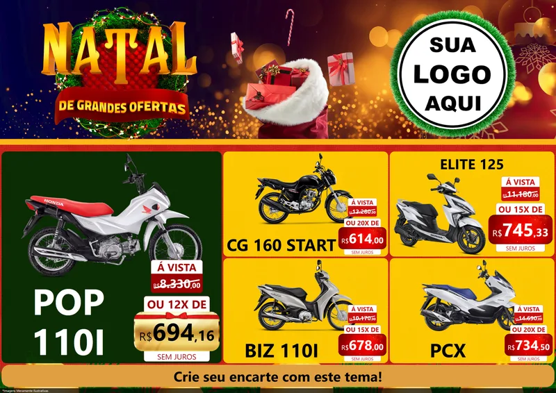 Modelo de Encarte para Encarte A4 Horizontal com o tema Natal de Grandes Ofertas para Concessionaria de Motos