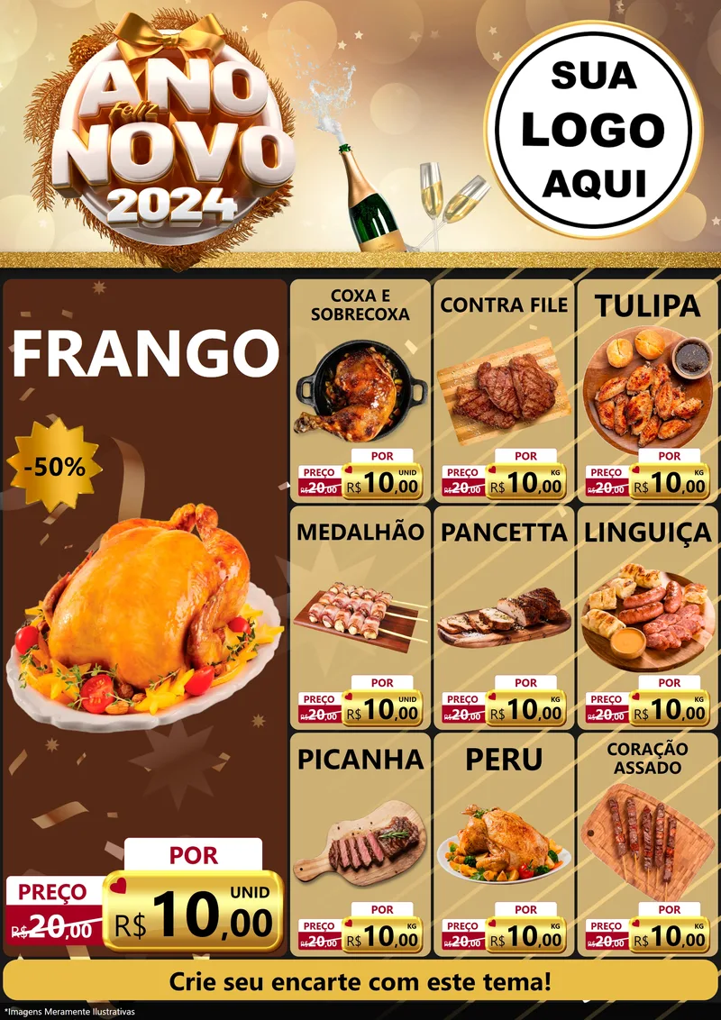 Modelo de Encarte para Encarte A4 Vertical com o tema Feliz Ano Novo 2027 para Assados