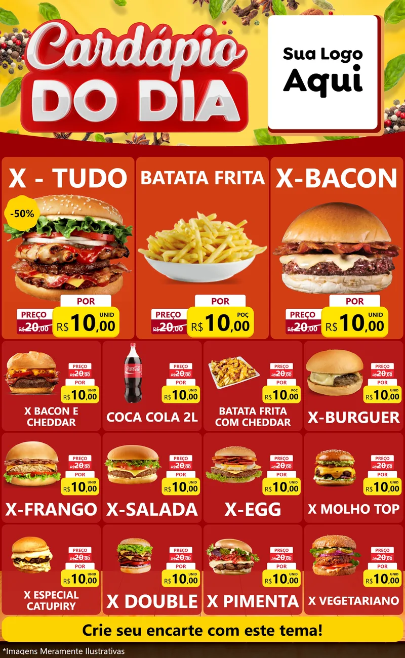 Modelo de Encarte para Encarte Grande com o tema Cardápio do Dia para Hamburgueria
