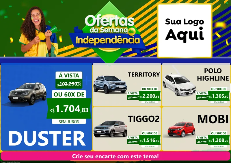 Modelo de Encarte para Encarte A4 Horizontal com o tema Ofertas da Semana da Independência para Concessionaria de Carros