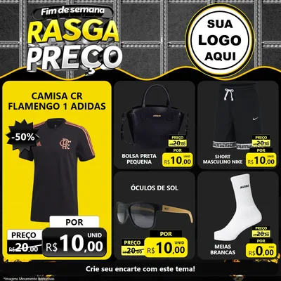 Modelo de Rede Social para Feed Facebook com o tema Fim de Semana Rasga Preço para Roupas e acessórios