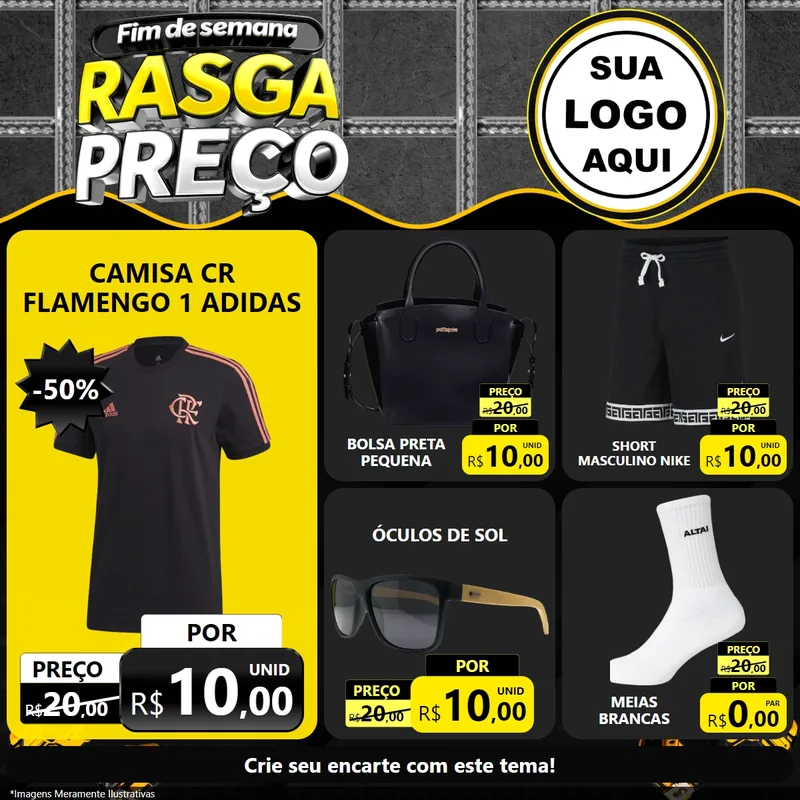 Modelo de Rede Social para Feed Facebook com o tema Fim de Semana Rasga Preço para Roupas e acessórios
