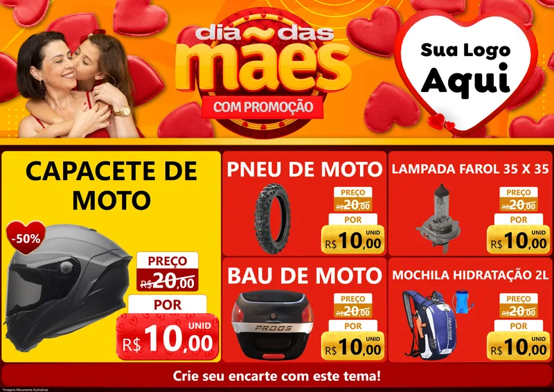 Modelo de Encarte para Encarte A4 Horizontal com o tema Dia das Mães com Promoção para Moto peças