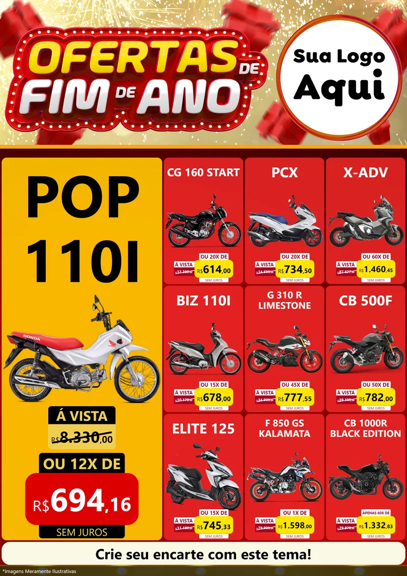 Modelo de Encarte para Encarte A4 Vertical com o tema Ofertas de Fim de Ano para Concessionaria de Motos