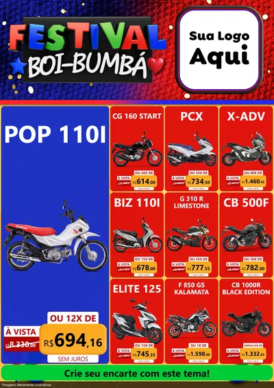 Modelo de Encarte para Encarte A4 Vertical com o tema Festival Boi-Bumbá para Concessionaria de Motos