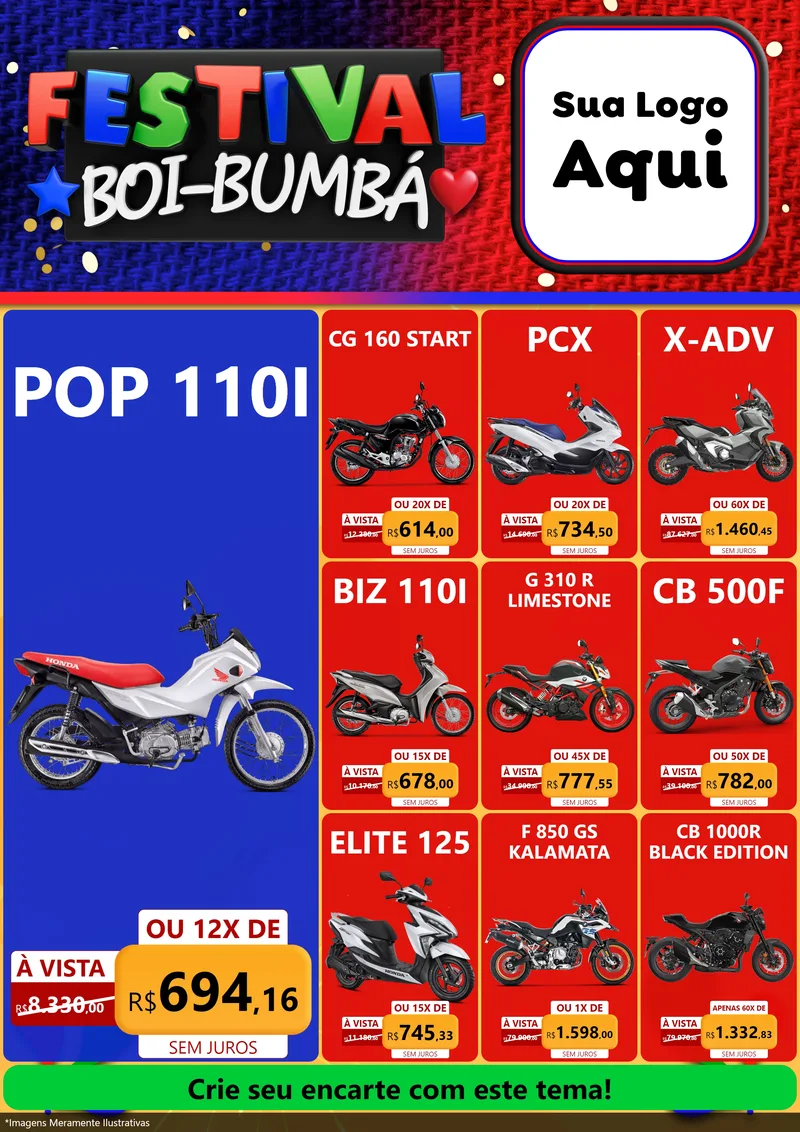 Modelo de Encarte para Encarte A4 Vertical com o tema Festival Boi-Bumbá para Concessionaria de Motos