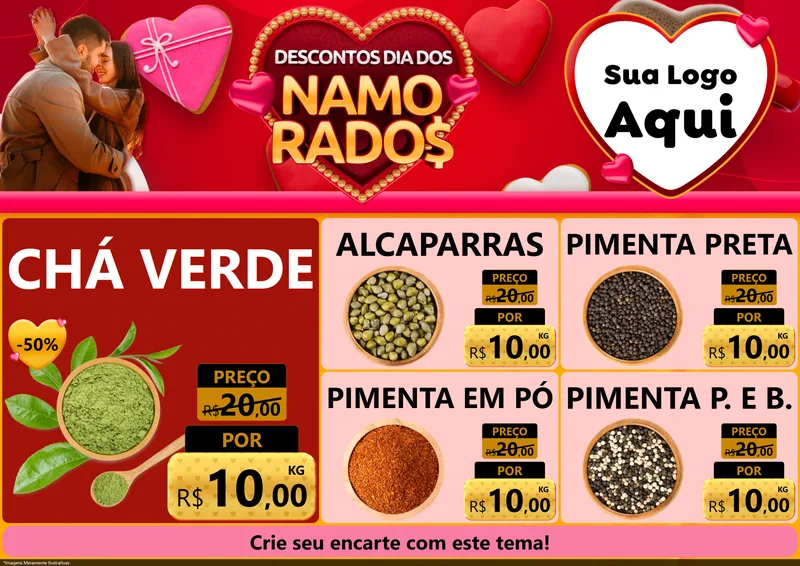 Modelo de Encarte para Encarte A4 Horizontal com o tema Descontos Dia dos Namorados para Produtos Naturais
