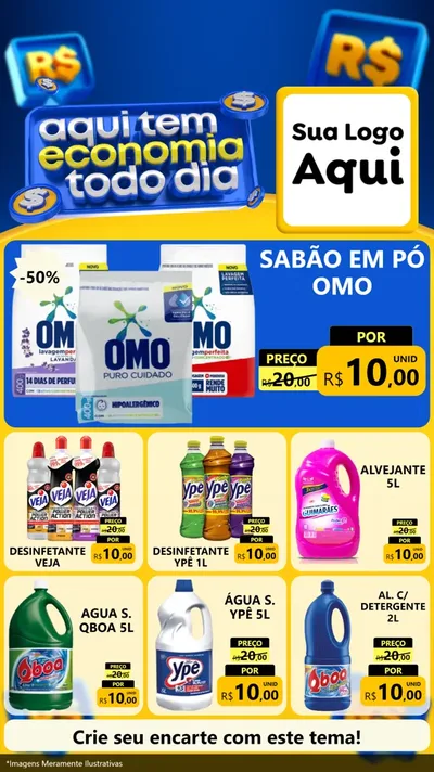 Modelo de Rede Social para Stories com o tema Aqui Tem Economia Todo Dia para Produtos de Limpeza