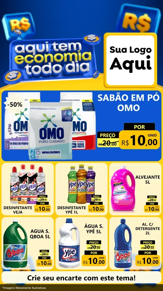 Modelo de Rede Social para Stories com o tema Aqui Tem Economia Todo Dia para Produtos de Limpeza