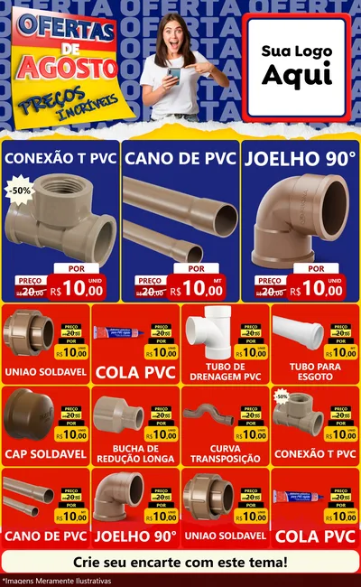 Modelo de Encarte para Encarte Grande com o tema Ofertas de Agosto - Preços Incríveis para Tubos e conexões