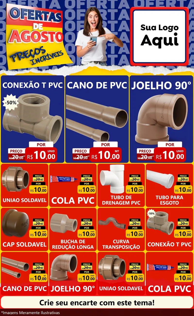 Modelo de Encarte para Encarte Grande com o tema Ofertas de Agosto - Preços Incríveis para Tubos e conexões