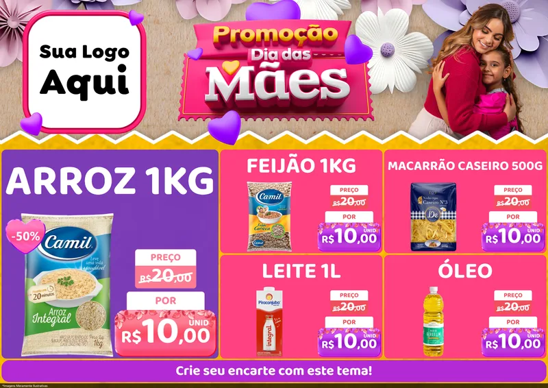 Modelo de Encarte para Encarte A4 Horizontal com o tema Promoção Dia das Mães para Supermercado