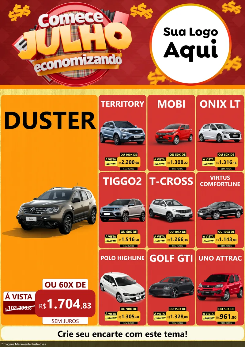 Modelo de Encarte para Encarte A4 Vertical com o tema Comece Julho Economizando para Concessionaria de Carros