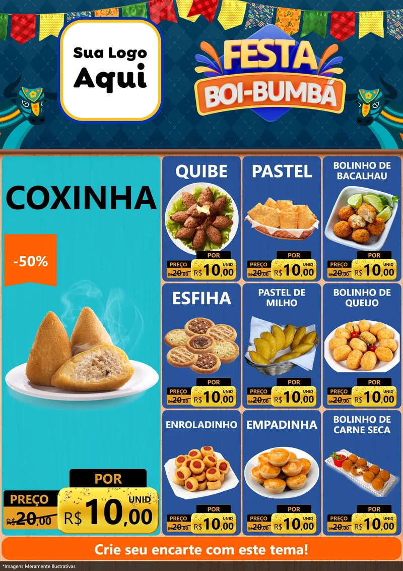 Modelo de Encarte para Encarte A4 Vertical com o tema Festa Boi Bumbá para Salgadaria