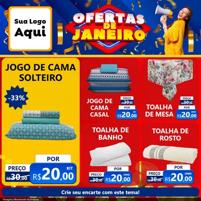 Modelo de Rede Social para Feed Facebook com o tema Ofertas de Janeiro para Cama, Mesa e Banho