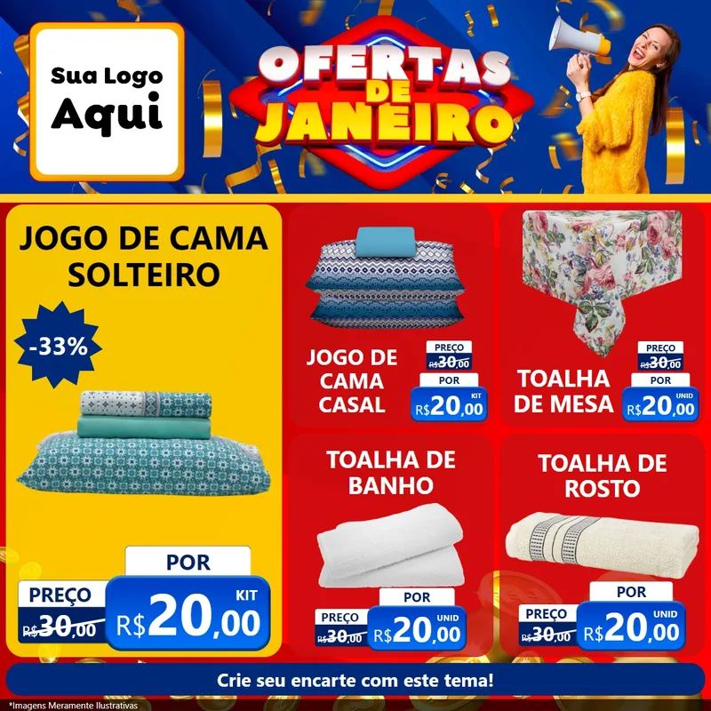 Modelo de Rede Social para Feed Facebook com o tema Ofertas de Janeiro para Cama, Mesa e Banho