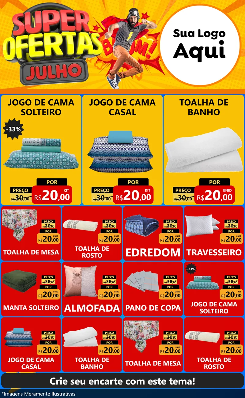 Modelo de Encarte para Encarte Grande com o tema Super Ofertas Julho para Cama, Mesa e Banho