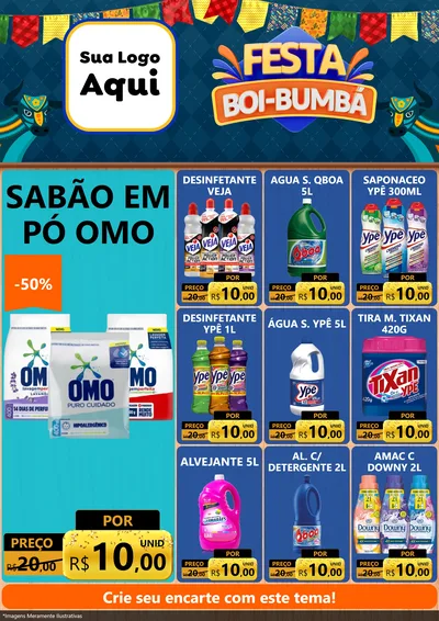 Modelo de Encarte para Encarte A4 Vertical com o tema Festa Boi Bumbá para Produtos de Limpeza