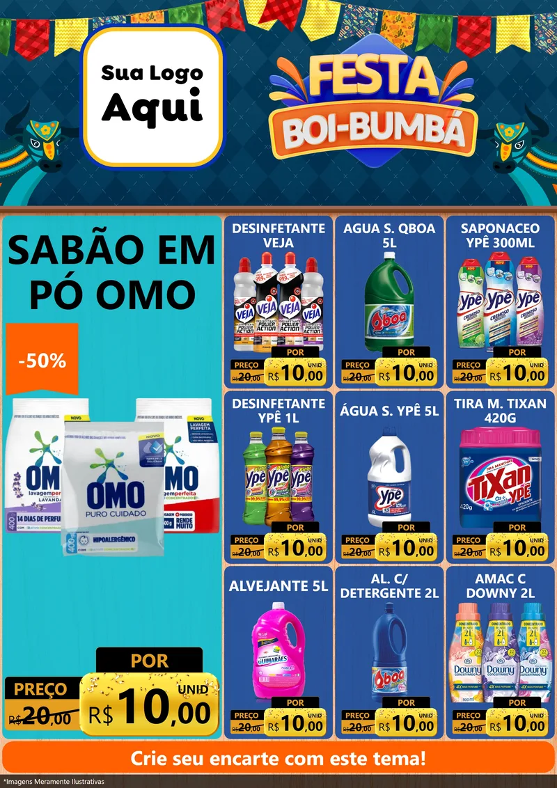 Modelo de Encarte para Encarte A4 Vertical com o tema Festa Boi Bumbá para Produtos de Limpeza