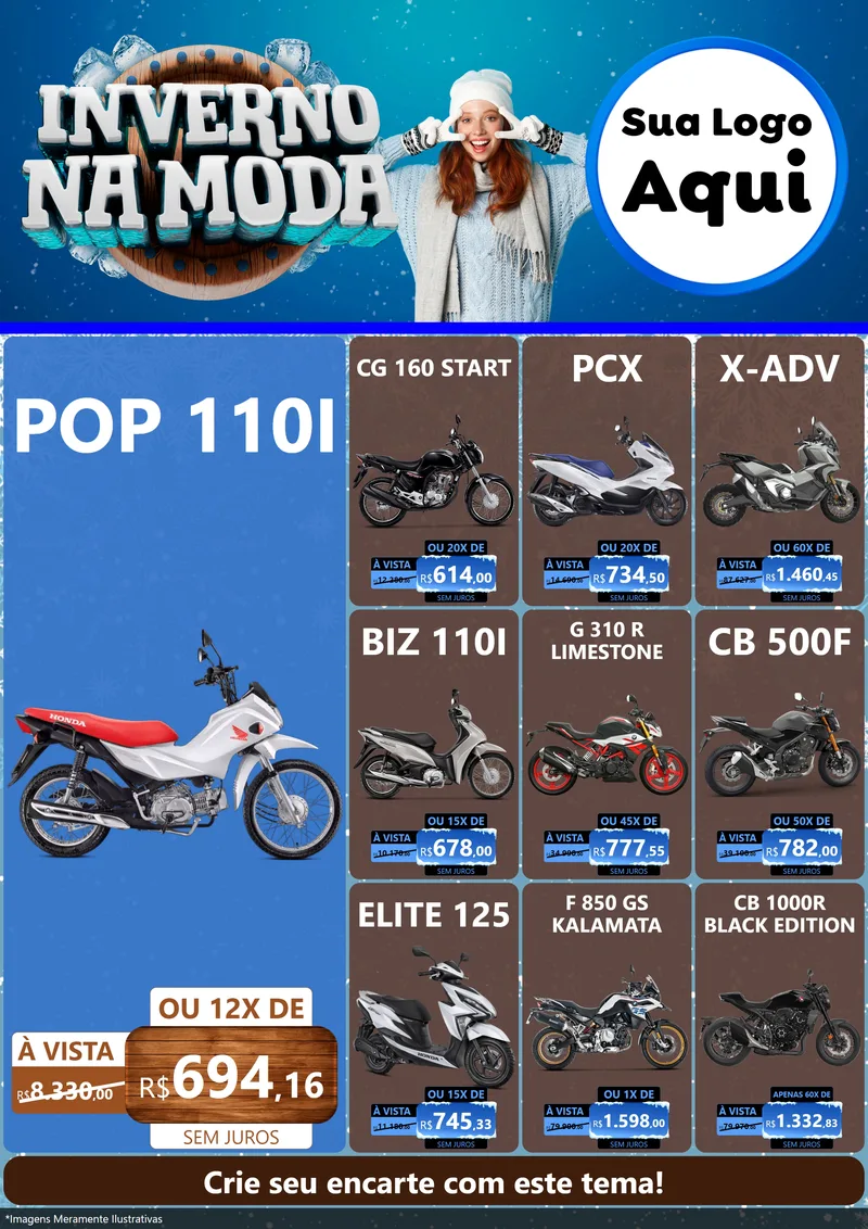 Modelo de Encarte para Encarte A4 Vertical com o tema Inverno na Moda para Concessionaria de Motos