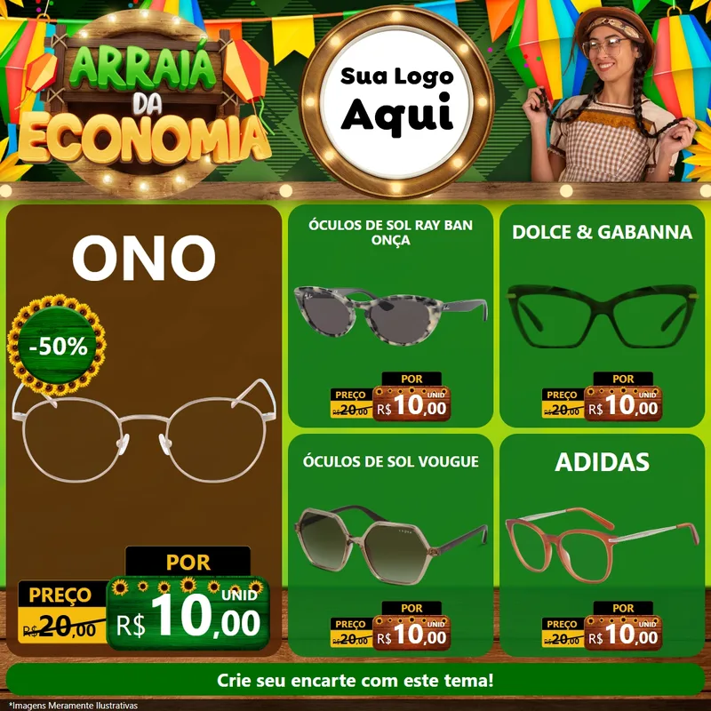 Modelo de Rede Social para Feed Facebook com o tema Arraiá de Economia para Óticas