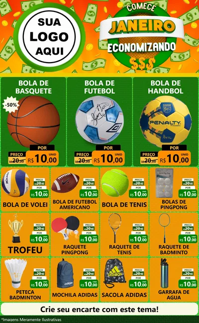 Modelo de Encarte para Encarte Grande com o tema Comece Janeiro Economizando para Artigos Esportivos