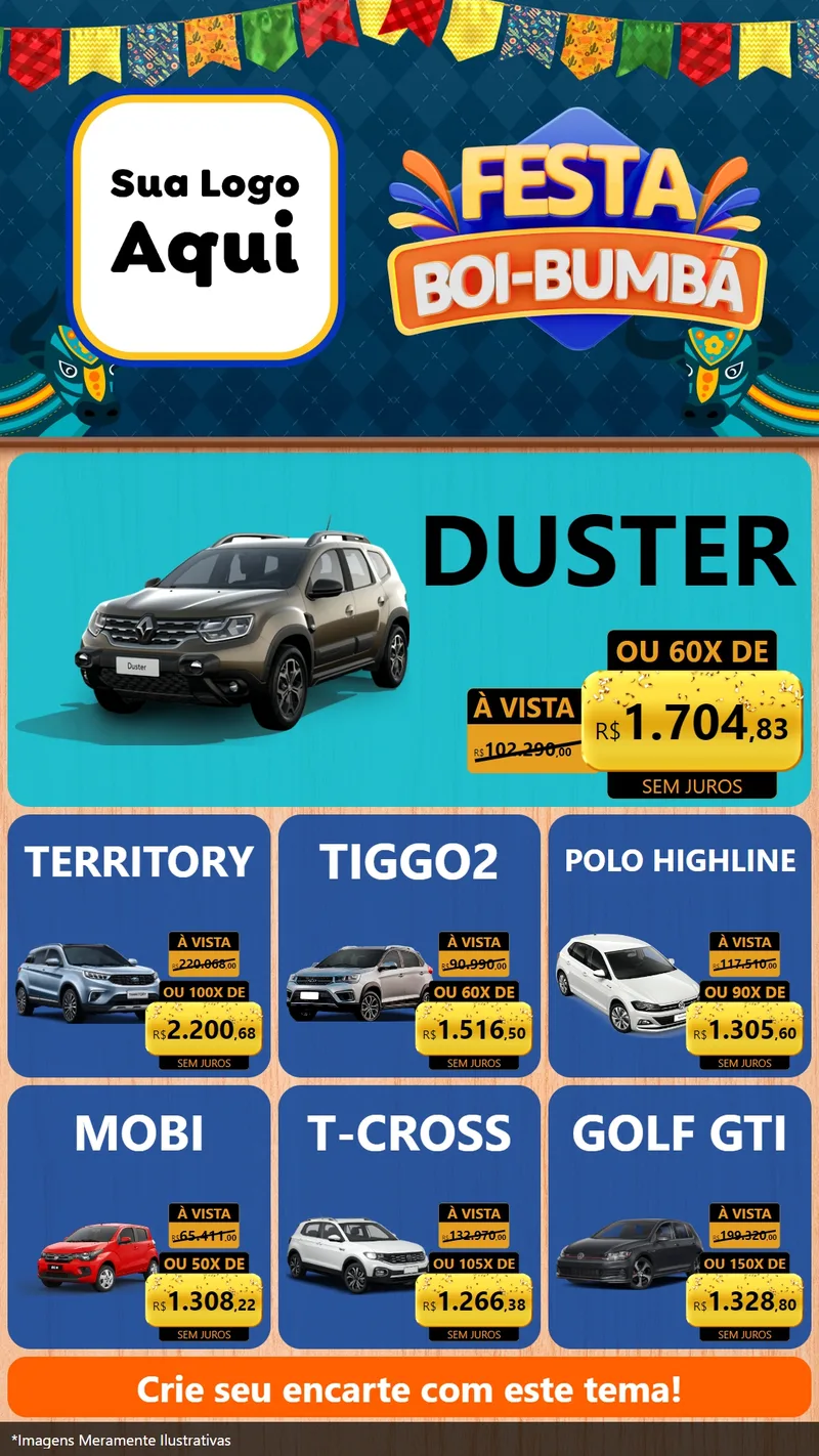 Modelo de Rede Social para Stories com o tema Festa Boi Bumbá para Concessionaria de Carros