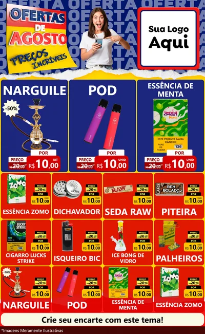 Modelo de Encarte para Encarte Grande com o tema Ofertas de Agosto - Preços Incríveis para Tabacaria