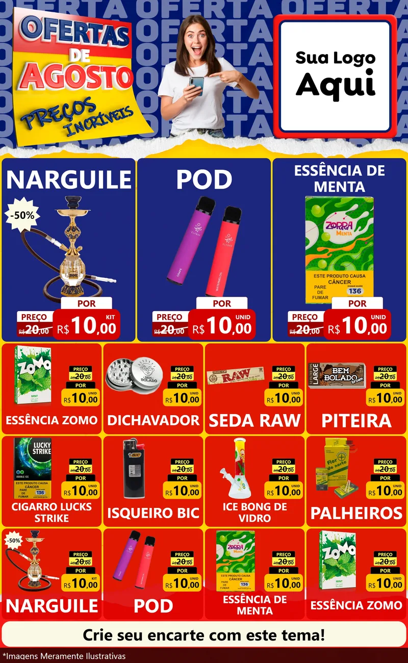 Modelo de Encarte para Encarte Grande com o tema Ofertas de Agosto - Preços Incríveis para Tabacaria
