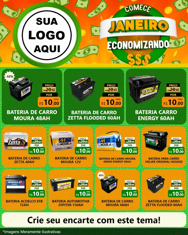 Modelo de Rede Social para Feed Instagram com o tema Comece Janeiro Economizando para Baterias Elétricas