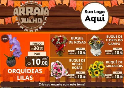 Modelo de Encarte para Encarte A4 Horizontal com o tema Arraiá de Julho - Junina para Floricultura e jardim