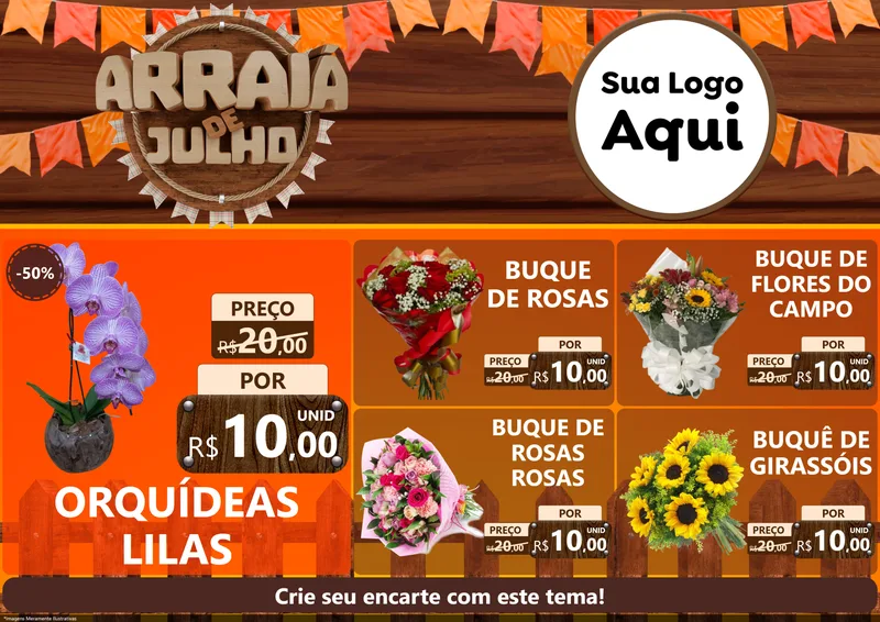 Modelo de Encarte para Encarte A4 Horizontal com o tema Arraiá de Julho - Junina para Floricultura e jardim