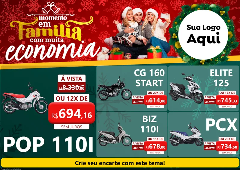 Modelo de Encarte para Encarte A4 Horizontal com o tema Momento em Família (Natal) para Concessionaria de Motos