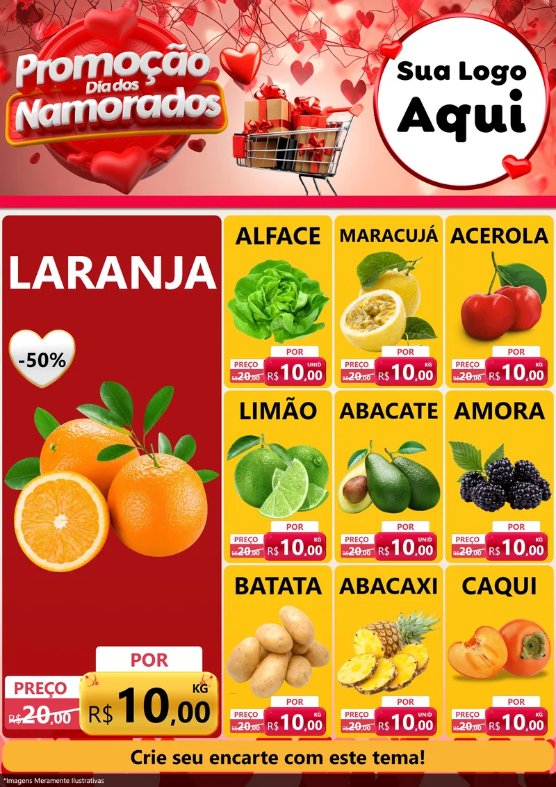 Modelo de Encarte para Encarte A4 Vertical com o tema Promoção Dia dos Namorados para Hortifrúti