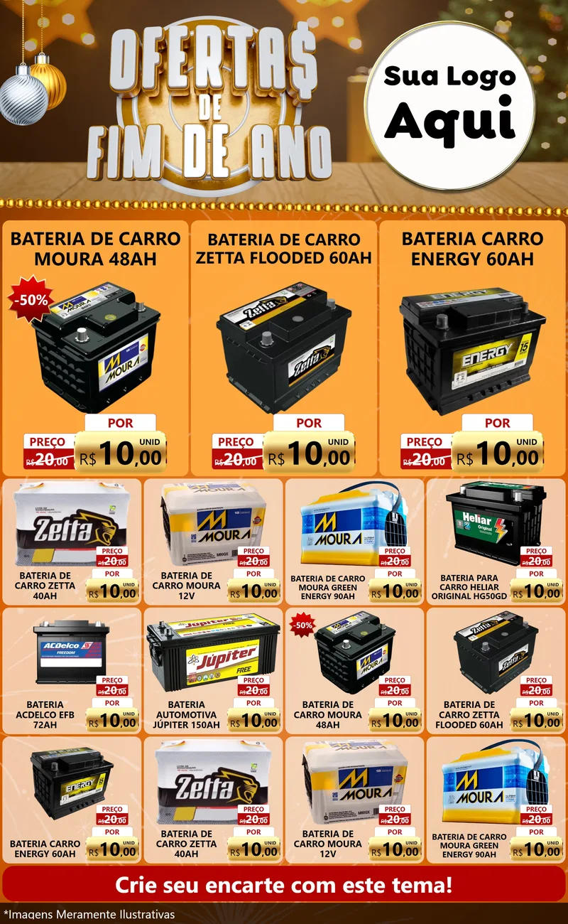 Modelo de Encarte para Encarte Grande com o tema Ofertas de Fim de Ano para Baterias Elétricas