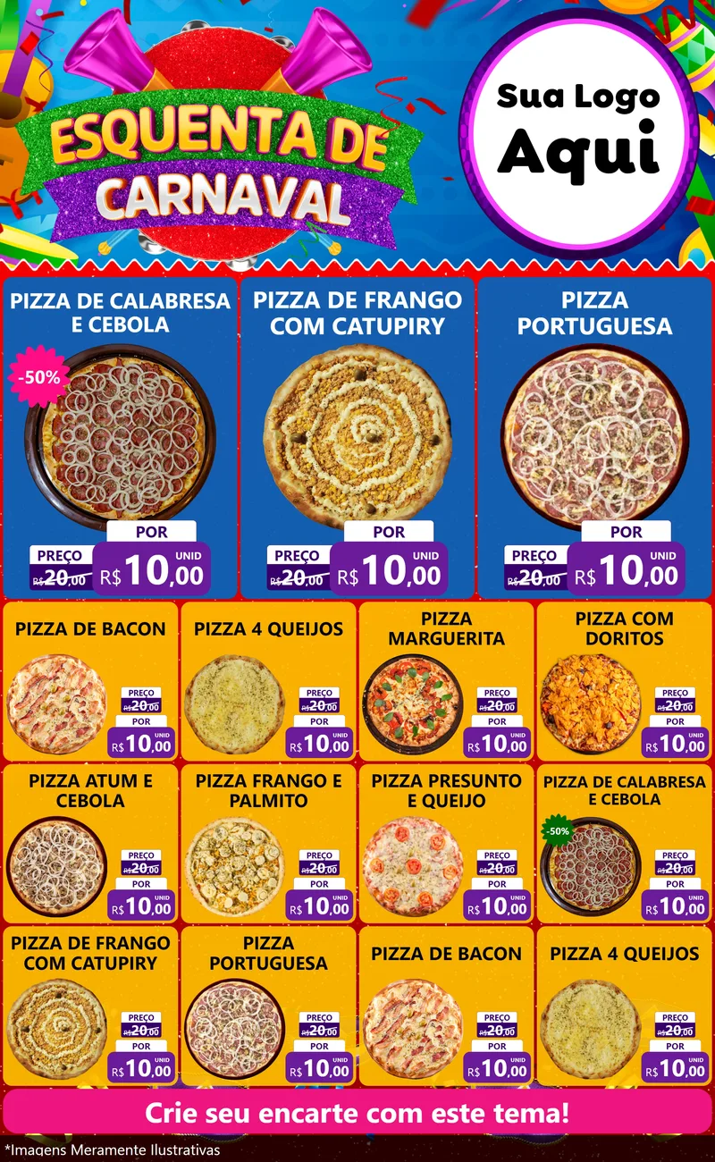 Modelo de Encarte para Encarte Grande com o tema Esquenta de Carnaval para Pizzaria